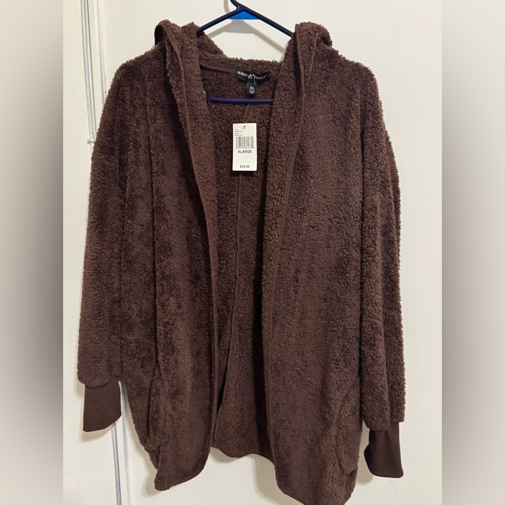 Almost Famous Cozy sherpa open front Cardigan Sweater brown size XL - Picture 1 of 5